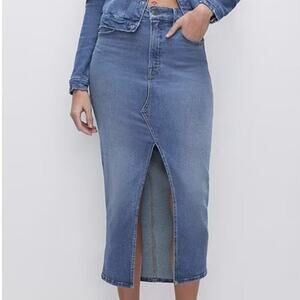 Good American 8/29 Split Front Midi Denim Skirt Blue High Waist Sexy Pencil